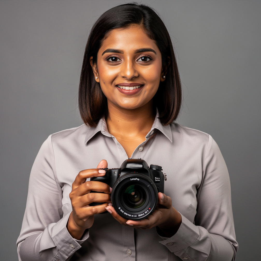 Portrait of a South Asian British woman, camera operations lead, in a studio