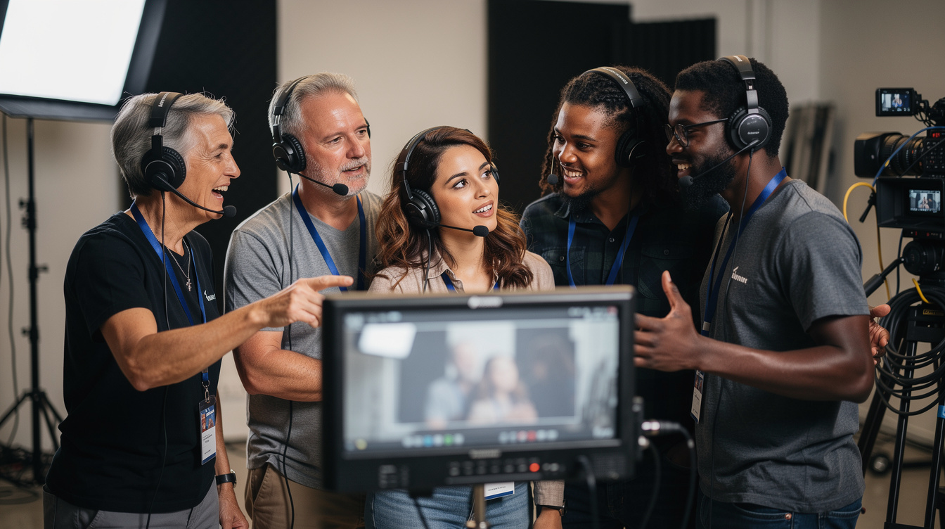 Media production team having a briefing before a shoot