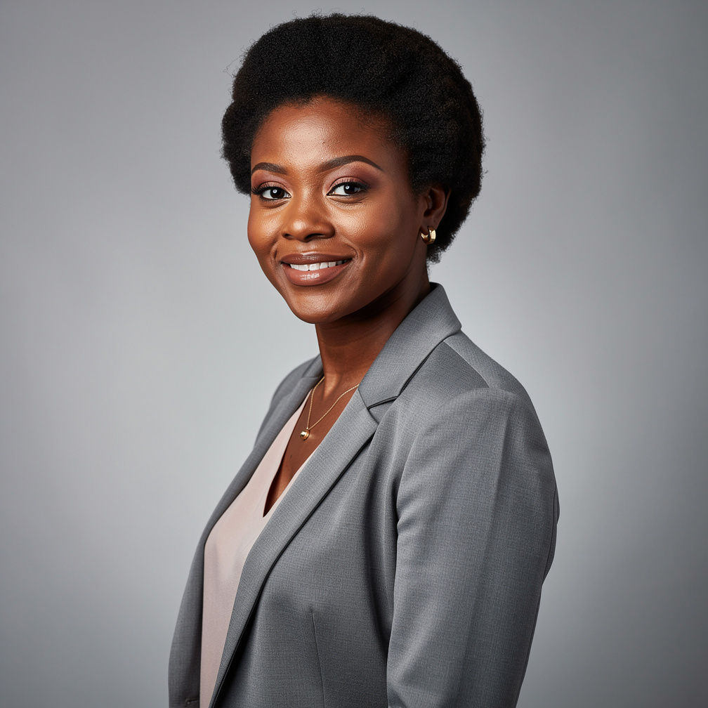 Portrait of a Black British woman, senior news producer, smiling in a studio