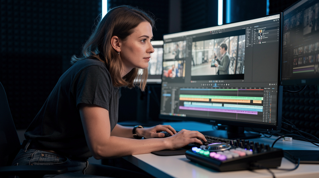 Video editor reviewing footage timeline on a large monitor in an edit suite