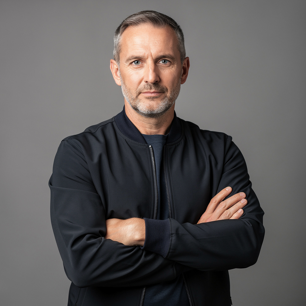 Portrait of a white British man, lighting director, in a studio