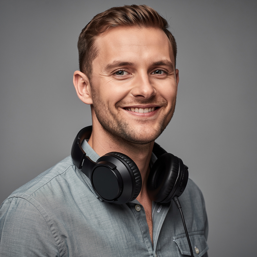 Portrait of a white British man, audio supervisor, wearing headphones