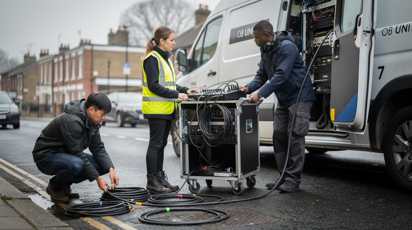 Production crew setting up an outside broadcast van before a live event