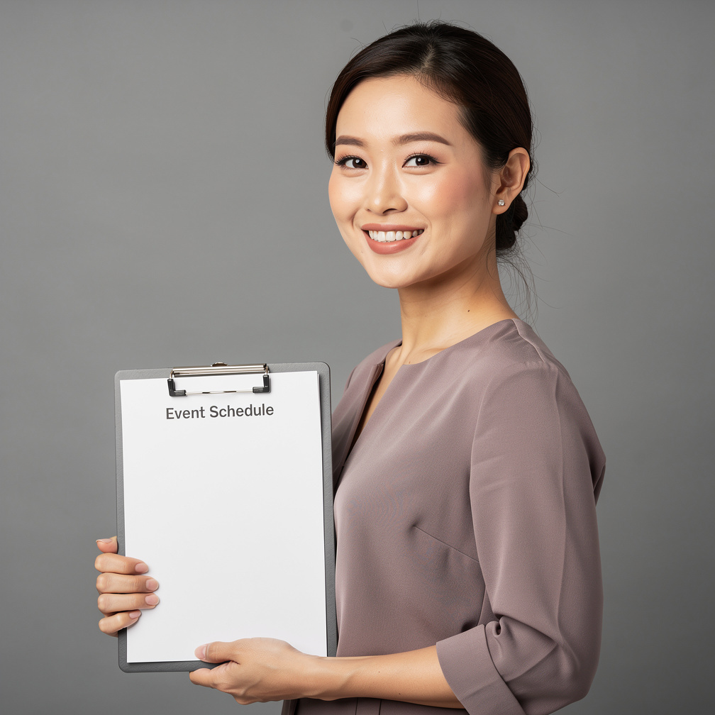 Portrait of an East Asian British woman, live events coordinator, in a studio
