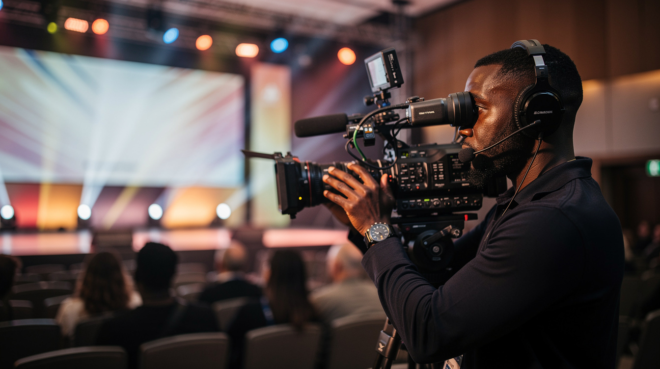 Camera operator filming a live event with a shoulder rig camera