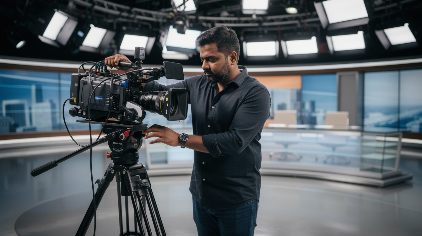 Camera operator adjusting a broadcast camera on a tripod in a TV studio