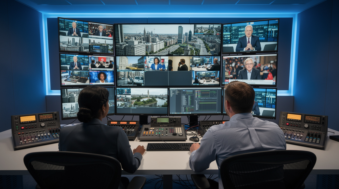 Broadcast control room with editors reviewing live news feeds on multiple monitors